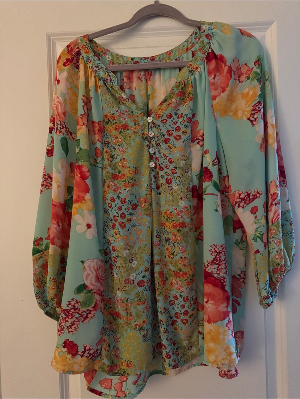 Figueroa & Flower Aqua Floral Peasant Tunic Top - Women's Tunic Sz XL